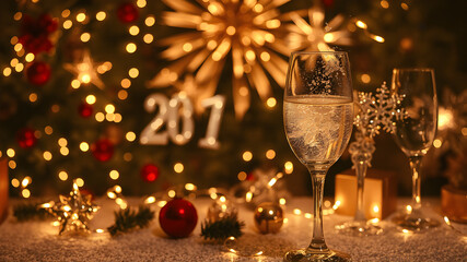 glasses of champagne with christmas lights