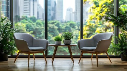 Fototapeta premium Modern Living Room Chairs Plants And City View