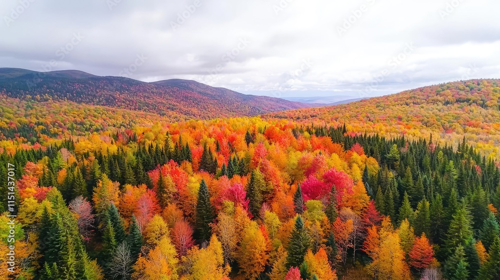 Aufkleber aerial view forest idea. aerial view of a vibrant autumn forest filled with colorful leaves and gree