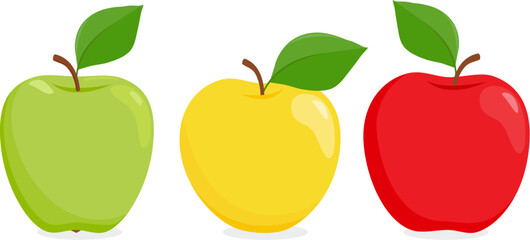 Fresh red, green and yellow apple fruits. Delicious apples on white background. Vector illustration