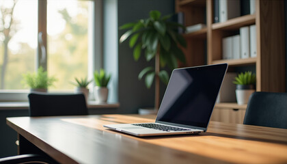 Modern Office Workspace with Laptop and Plants