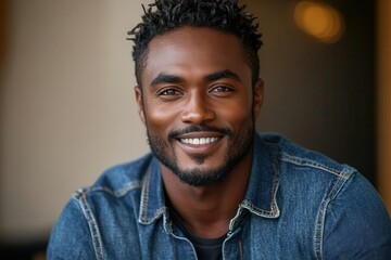 Fototapeta premium smiling black man in a denim jacket facing the camera with a charming expression, radiating warmth and friendliness, set against a neutral background that highlights his engaging personality