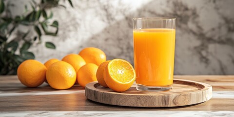 Naklejka premium Freshly squeezed orange juice in a large glass alongside a selection of vibrant oranges on a rustic wooden plate, set against a stunning marble background and wooden flooring.