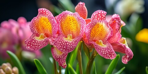 Vibrant pink Tigridia tiger flowers showcase their unique blooms, creating a stunning display. The pink Tigridia tiger flower bloom captivates with its striking colors and intricate patterns.