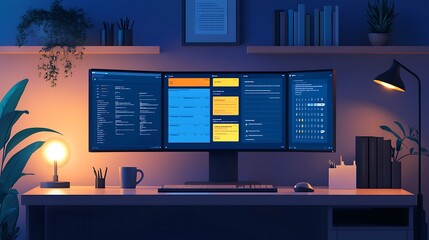 A tidy productivity desk featuring two monitors, one displaying a vibrant schedule planner and the other an email thread, a cup of coffee, and a minimalist decor with ambient lighting. --ar 16:9