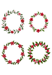 Set of four floral wreaths with red and pink flowers and green leaves, ideal for spring decorations, weddings, Valentine's Day, and festive designs.

