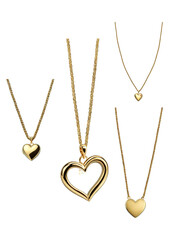 Elegant gold heart-shaped necklaces on delicate chains, isolated on a transparent background. Perfect for romantic, Valentine’s Day, or jewelry-themed designs and advertisements.