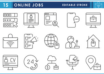 A set of line icons related to Online jobs. Freelancer, options, CV, hire, home, network, worldwide, earning, passive income, vacancy, call center, and so on. Vector editable stroke.