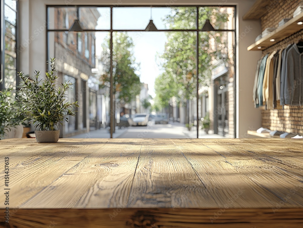 Aufkleber empty wooden table top inside a fashion store with clothes on display and large windows overlooking 