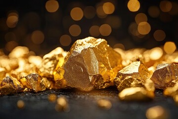 Pure gold from the mine on a black background. Golden nugget. 