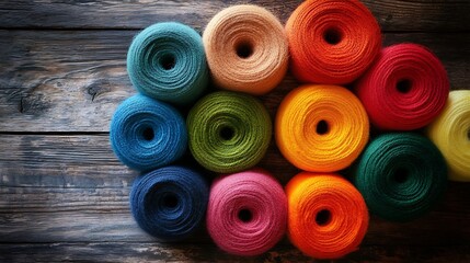 Wool rolls arranged in a perfect circular gradient forming a color wheel, with each roll showing intricate fiber details, displayed on a rustic wooden table under soft natural light, hd quality,