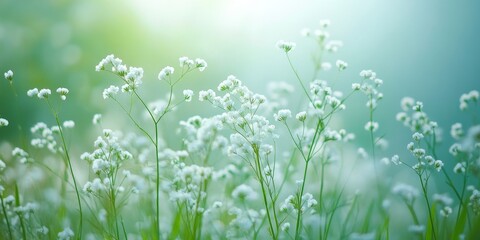 Obraz premium Delicate Babysbreath gypsophila flowers bloom on a lush green meadow, showcasing the beauty of Babysbreath gypsophila in nature s vibrant landscape. Experience the charm of Babysbreath gypsophila.