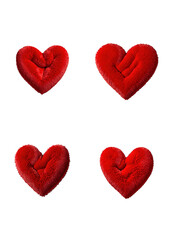 Four plush, red heart-shaped pillows with a soft, fuzzy texture. Each pillow is slightly unique in shape and design, perfect for romantic or cozy home decor.