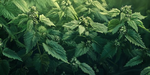 Fototapeta premium Common Nettle, known scientifically as Urtica Dioica, is a herbaceous perennial flowering plant that thrives in various regions, showcasing its unique characteristics and beauty in nature.