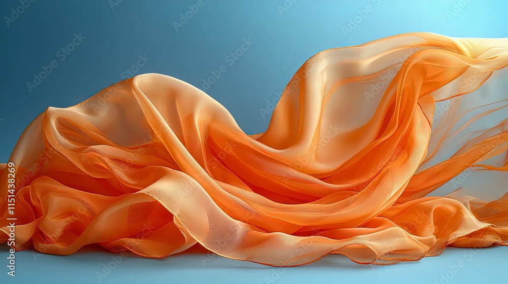 Poster flowing orange fabric elegantly draped on a serene blue backdrop creates a captivating visual contra