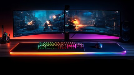Fototapeta premium A vibrant gaming desk setup with dual curved monitors displaying an intense action game, RGB lighting illuminating the desk and room, a mechanical keyboard glowing in rainbow hues,