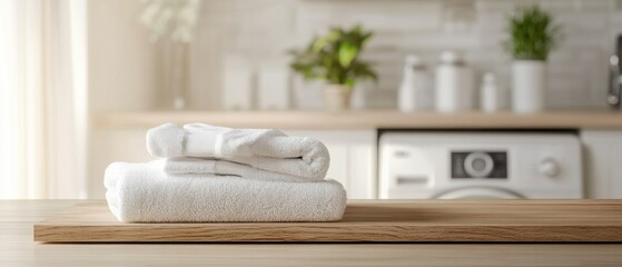 Empty wooden board with towels on blurred background of washing machine in home laundry. Place for product mounting and advertising