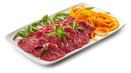 A vibrant plate of sliced beef arranged artistically, with bold and dynamic color tones like golden yellows and deep blues, accented by thinly sliced