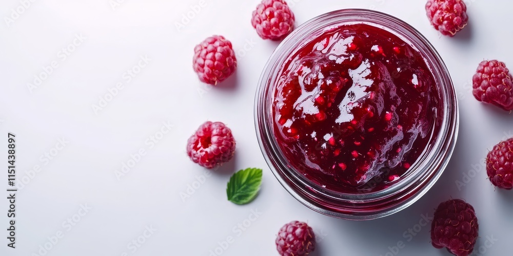 Poster raspberry jam in a jar, showcasing the vibrant color and texture of raspberry jam, perfect for illus