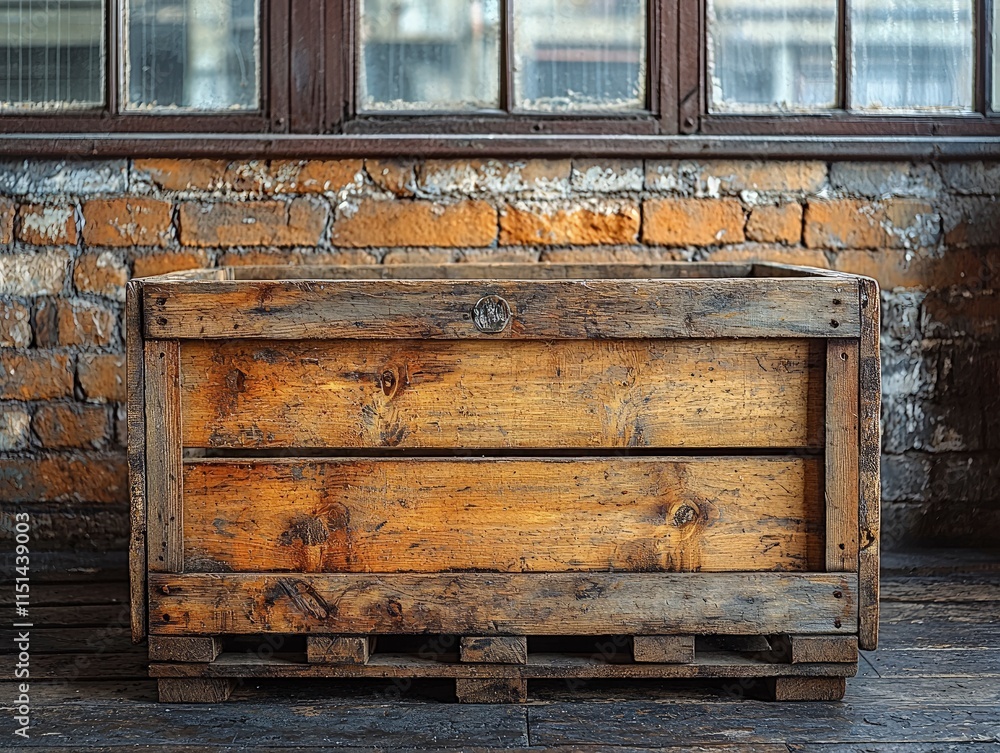 Poster a weathered wooden crate sits on a dark wooden floor against a brick wall with a window. the crate s