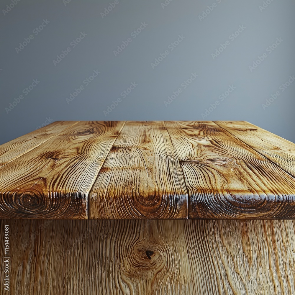 Poster A close-up view of a rustic wooden table top against a blurred gray backdrop. The table's natural wood grain and warm tones create a sense of inviting simplicity.