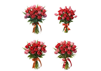 Elegant bouquets of pink and red tulips tied with satin ribbons, isolated on a transparent background. Ideal for Valentine’s Day, weddings, celebrations, and romantic-themed designs.