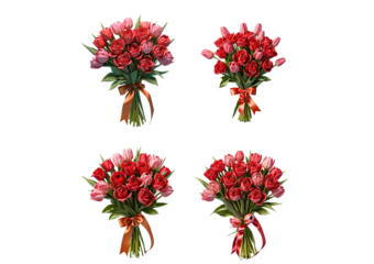 Elegant bouquets of pink and red tulips tied with satin ribbons, isolated on a transparent background. Ideal for Valentine’s Day, weddings, celebrations, and romantic-themed designs.