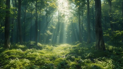 Obraz premium Sunlight filtering through the trees in a serene forest setting, casting long shadows on the forest floor, captured in this vector image with HD camera quality