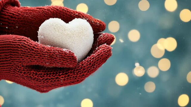Red knitted woolen gloves holding a glowing snow heart against a blurred winter background with warm bokeh lights and falling snowflakes
