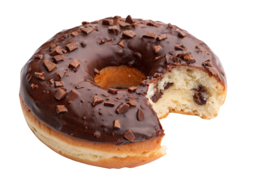 A closer look at the donut's rich chocolate glaze and interior texture, highlighting chocolate chips embedded in the dough, isolated on a transparent background