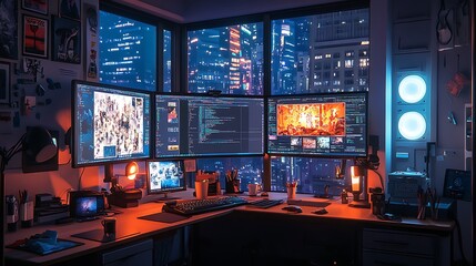 Naklejka premium A bustling animation studio desk with multiple monitors displaying complex animation projects, a coffee cup on the side, and clean cable management with bright but focused task lighting. --ar 16:9