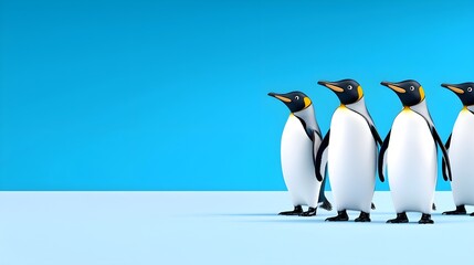 Fototapeta premium Group of Cartoon Penguins Standing Against a Blue Background