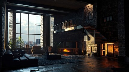 Fototapeta premium Modern Loft Apartment with City View