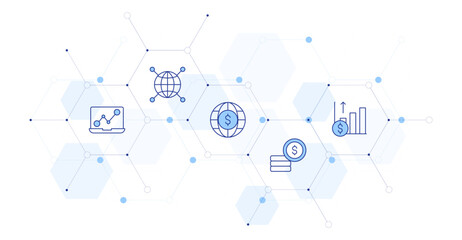 Business Banner Vector Illustration with Icon Style in Between. Line Duotone icon. Containing analysis, coin, international, statistics, economy