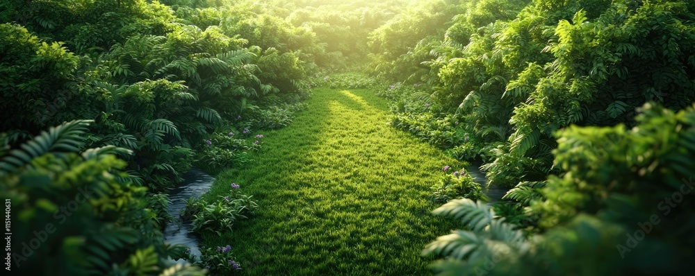 Poster aerial view forest idea. lush green landscape with sunlight filtering through dense foliage and sere