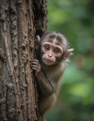 Adorable monkey peeking from behind a tree trunk in a lush forest setting.