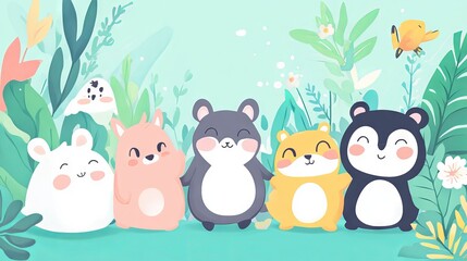 Naklejka premium Adorable cute animal characters on a bright, playful background – perfect for children's illustrations, educational materials, and digital design projects