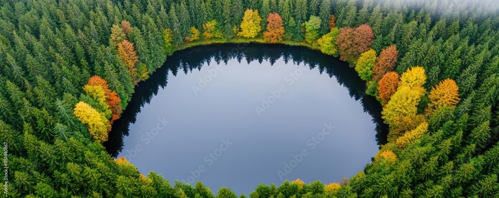 Poster aerial view forest idea. aerial view of a serene lake surrounded by vibrant autumn foliage in a fore