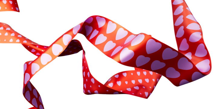 Small and large Pink Hearts printed on red Ribbon with transparent background. Valentines Day concept. Happy Valentines Day