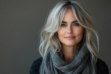 stylish portrait of a middle-aged woman in her 50s, exuding confidence and warmth, set against a smooth grey background that highlights her fashionable attire and engaging smile