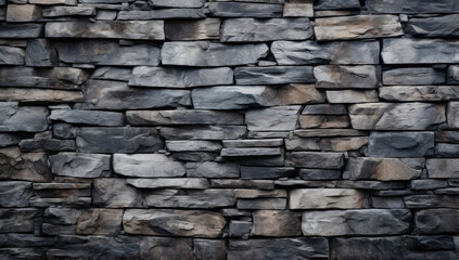 Fototapeta premium gray stone wall made of rugged, weathered rocks stacked in an intricate, textured pattern, evoking rustic charm and architectural durability
