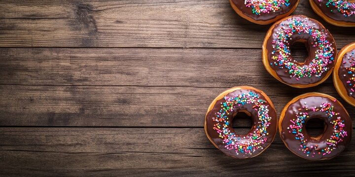 Vibrant donuts displayed on a wooden table, featuring sweet icing and colorful sprinkles. These delightful donuts with chocolate frosting offer a tempting top view and ample copy space.
