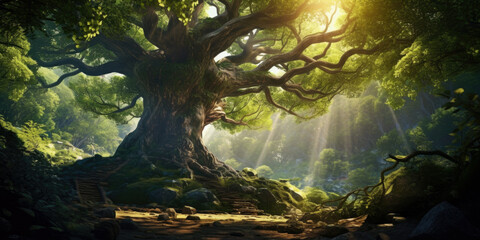 oak tree in a sunlit forest, with sprawling branches and vibrant green leaves, illuminated by golden rays of sunlight breaking through the canopy in a picturesque woodland