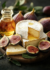 sliced ​​different types of cheese, figs, honey