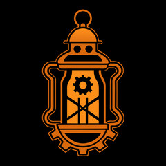 Vintage Steampunk Lantern Illustration with Intricate Details and Orange Light for T-shirt design