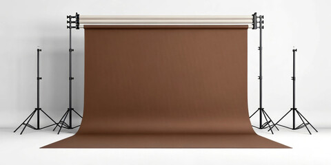 A photography studio setup features a seamless brown backdrop supported by multiple adjustable stands. The backdrop unfurls smoothly, creating a professional atmosphere for photo sessions.AI generated