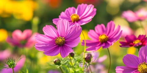 Obraz premium Close up of vibrant pink cosmos flowers blooming in a field on a sunny day, showcasing the beauty of these colorful cosmos flowers in a natural setting. Enjoy the vivid colors and delicate petals.