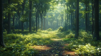 Obraz premium Sunlight streaming through the leaves of a dense forest, casting dappled shadows on the forest floor, captured in this vector image with HD camera quality