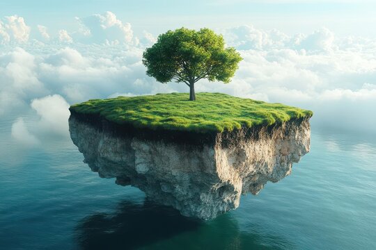 surreal floating island with lush green grass and a solitary tree, suspended in a bright blue sky, fluffy clouds adding a whimsical touch to the scene