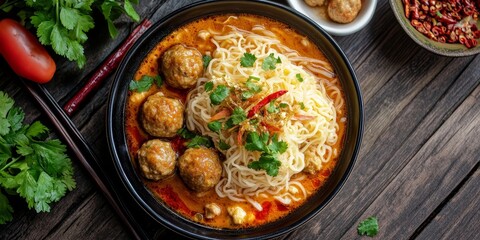 Rice noodles served in a flavorful fish curry sauce, accompanied by meatballs and vegetables. This dish highlights the delicious combination of rice noodles and savory flavors. Top view presentation.